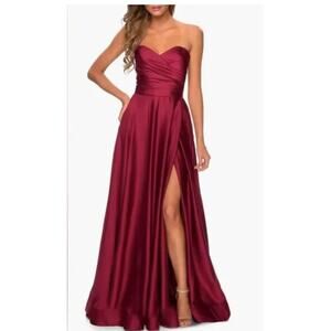 La Femme Strapless Slit Satin Ballgown Wine NWOT